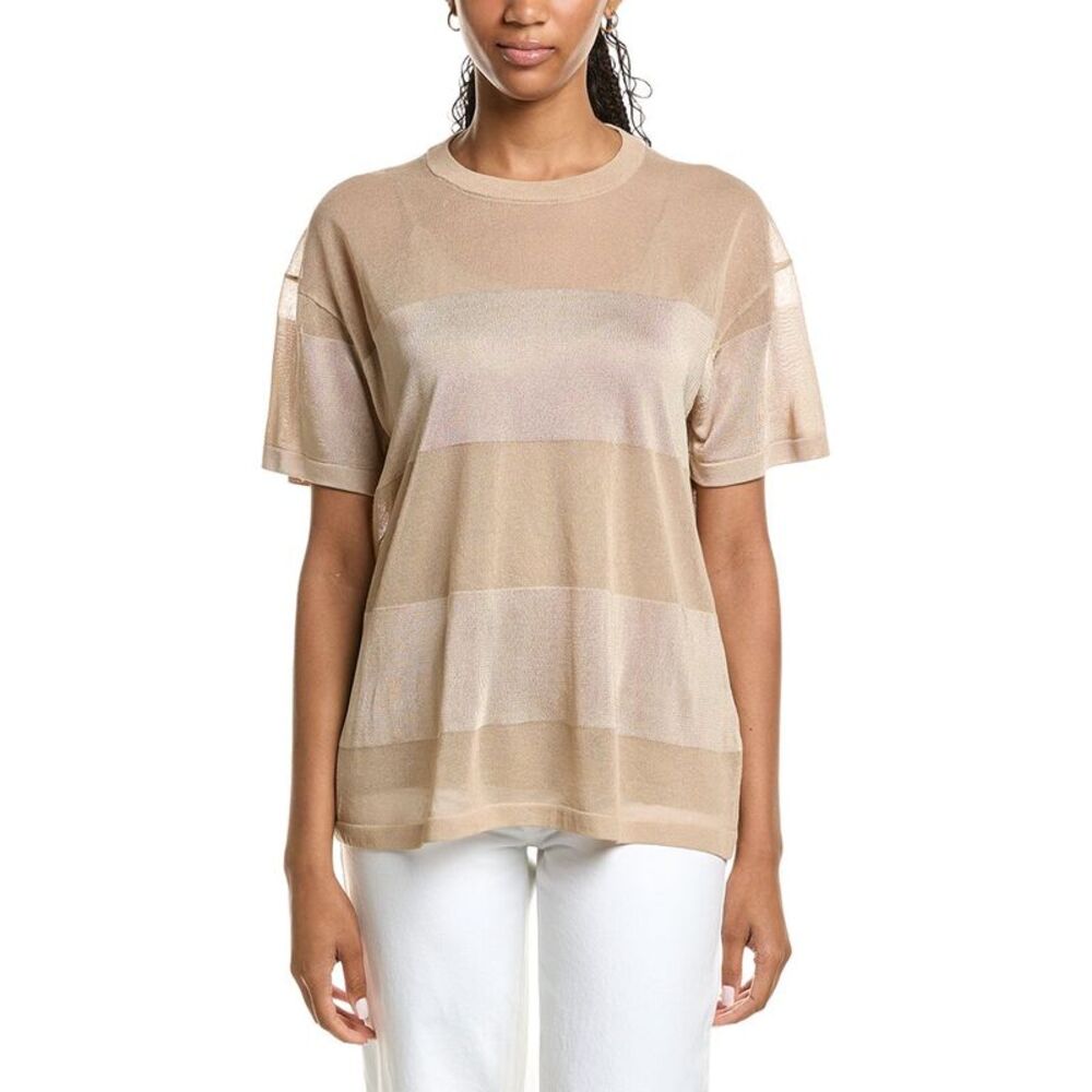 Kenneth Cole Womens  Shiny Semi Sheer Stripe Top, Brown